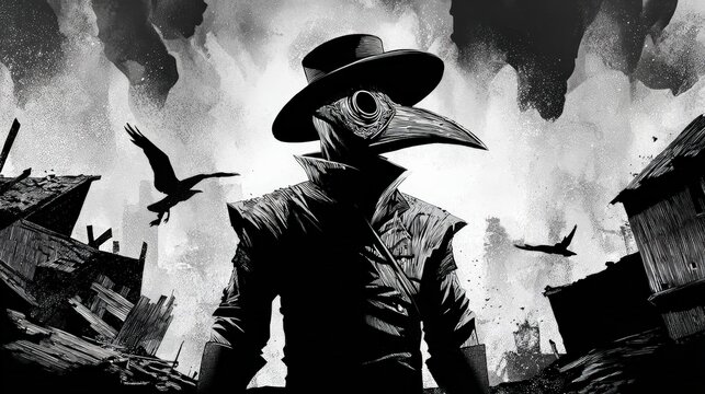 Mysterious Plague Doctor: A shadowy figure in the guise of a plague doctor, shrouded in mystery, stands amidst a scene of ruin, evoking the dark history of the medieval era.