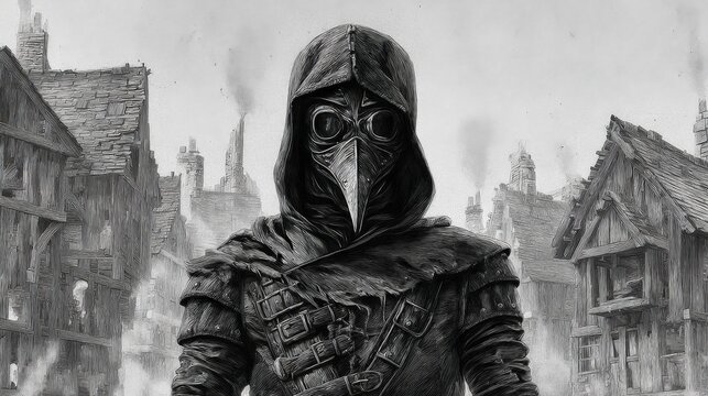 Plague Doctor in Medieval Village: A haunting image of a plague doctor, shrouded in mystery and clad in historical attire, stands stoically against a backdrop of a medieval village.
