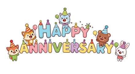 Festive Happy Anniversary design with adorable cartoon animals celebrating with balloons and joy
