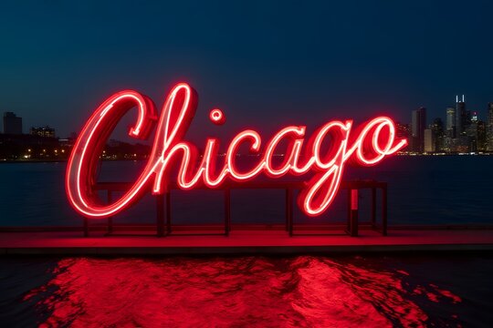 Neon “Welcome to Chicago” glowing by Lake Michigan shore.
