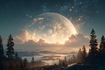Mystical forest landscape with giant glowing moon plnet rising above treetops nder starlit sky, generatie ai fantasy world