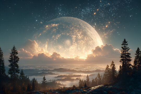 Mystical forest landscape with giant glowing moon plnet rising above treetops nder starlit sky, generatie ai fantasy world