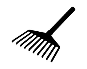 Silhouette of a garden rake lying diagonally on a white background