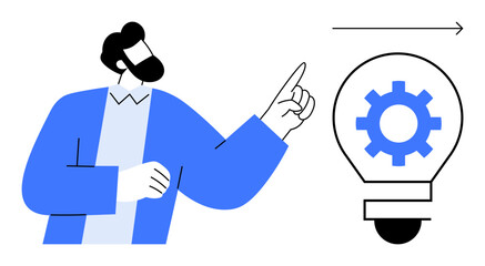 Man in blue jacket pointing towards light bulb containing gear symbol and arrow indicating forward motion. Ideal for innovation, growth, motivation, leadership, strategy, education, teamwork, simple