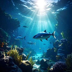 Obraz premium Underwater coral reef scene with sunbeams