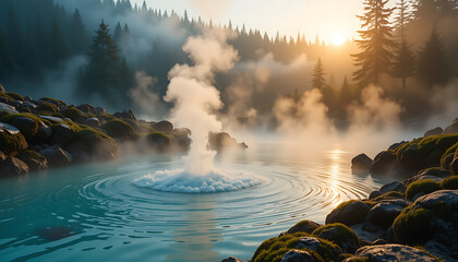 A powerful geyser erupts in a serene hot spring, surrounded by mist-shrouded pine forests at sunrise, creating a mystical natural landscape with vibrant teal water and golden light - Generative AI