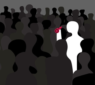 Illustration of a whistleblower in crowd, spreading information