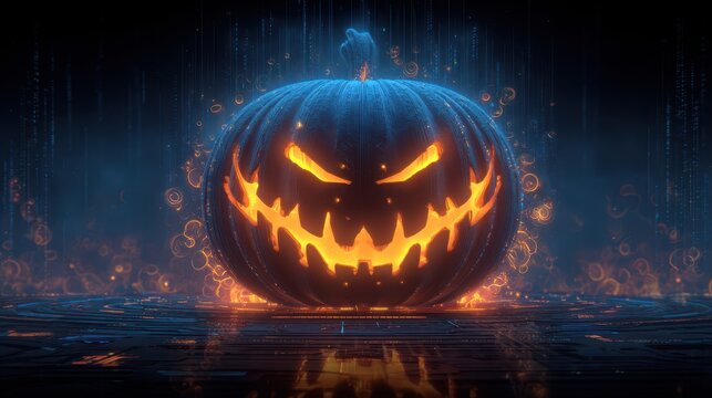 A glowing, menacing jack-o'-lantern emits an eerie light, surrounded by digital effects, creating a spooky Halloween atmosphere.