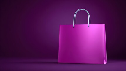 Bright pink paper shopping bag with white twisted paper handle on dark purple background