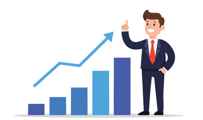 Flat cartoon vector of young businessman with rising bar graph, pointing upward, business growth success, financial profit, career progress, startup development, minimal design, clean shapes