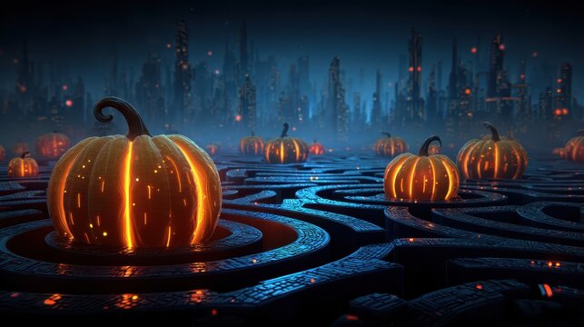 A surreal landscape featuring glowing pumpkins amidst a dark, futuristic maze under a starry sky.