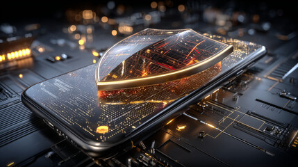 Smartphone protection concept. Concept of mobile payments, personal data protection, cloud security. 3d side view on cell phone with glass shield. Digital technology template. Vector illustration.