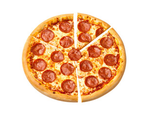 Pepperoni Pizza flying falling Isolated on Transparent or White Background