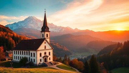 Charming white church with tall steeple nestled in lush green valley, snow-capped mountains in the background during sunset