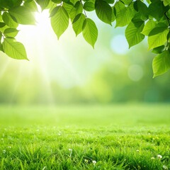 Obraz premium sunlight pouring through lush green leaves illuminating the grass meadow. A radiant scene filled with natural beauty. The image evokes feelings of tranquility and peace