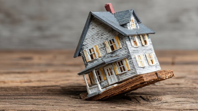 High-quality photo of damaged miniature house model representing structural failure, leaning on wooden surface symbolizing construction defects and.
