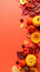 Autumn-themed composition with pumpkins, flowers, and leaves, arranged in a vibrant display against a red background. This arrangement evokes a sense of warmth, abundance.