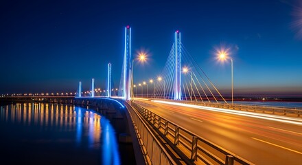 Modern cable-stayed bridge illuminated with vibrant blue lights and dynamic vehicle light trails over water at twilight.