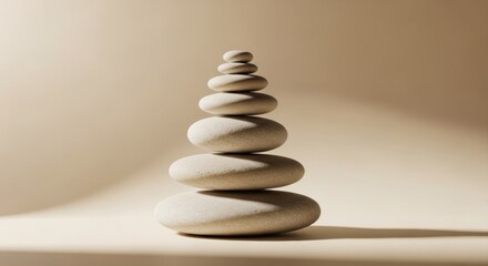 Serene Stack: Balanced Beige Stones in Soft Light, Minimalist Zen Still Life Photography
