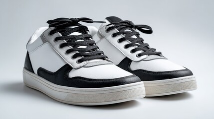 A pair of low-top sneakers in white and black leather, with black laces, sits on a light grey background.  The shoes feature a contrasting black heel and toe cap, atop a cream-colored sole