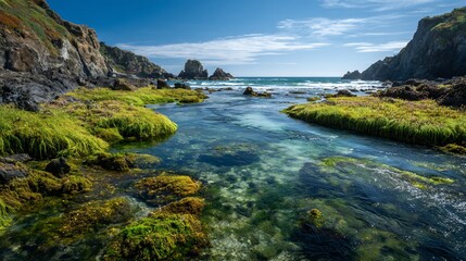 Fototapeta premium Crystal-clear cove, rocky shore, vibrant green seaweed, dramatic cliffs, ocean inlet. Sunlight bathes the tranquil scene