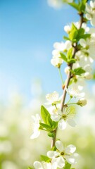 Obraz premium a branch with blooming white flowers reaches towards a soft blue sky, symbolizing renewal and freshness