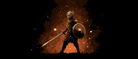 Pixel art warrior holding sword and shield with glowing effects in warm gradient lighting, perfect for fantasy gaming clothing, retro gamer merchandise, and digital pixel artwork branding visuals.
