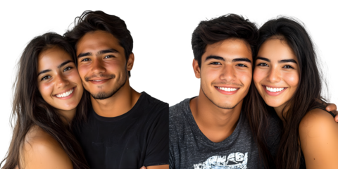 Young Latino couple in studio happy, smiling and cheerful isolated on a transparent background