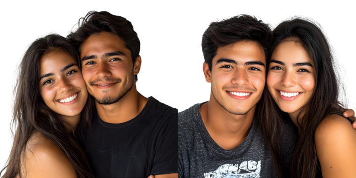 Young Latino couple in studio happy, smiling and cheerful isolated on a transparent background