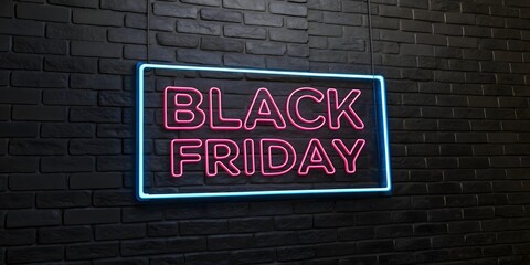 Fototapeta premium Illuminated Black Friday Neon Sign Against a Dark Brick Wall Creating a Modern and Promotional Atmosphere