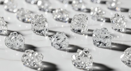 Numerous sparkling clear faceted rough diamonds or crystals arranged in rows on a reflective white marble surface with a blurred bokeh background.