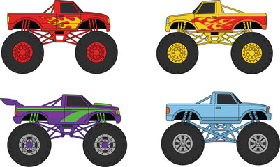 Colorful Monster Trucks Set with Flames, Spoilers, and Big Tires, Isolated Vector Illustration for Kids, Racing, Automotive, and Transport Themes