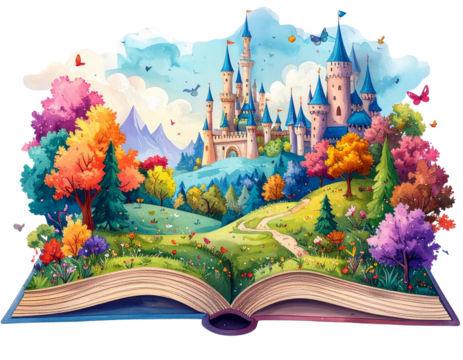  Open Book with Enchanted Kingdom Illustration, isolated on transparent background PNG - Powered by Adobe