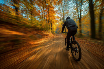 Man Cycling in Autumn Forest