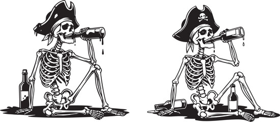 Obraz premium Minimalist black and white skeleton pirate icons – humorous undead figures drinking with bottles and swords in bold tattoo style.