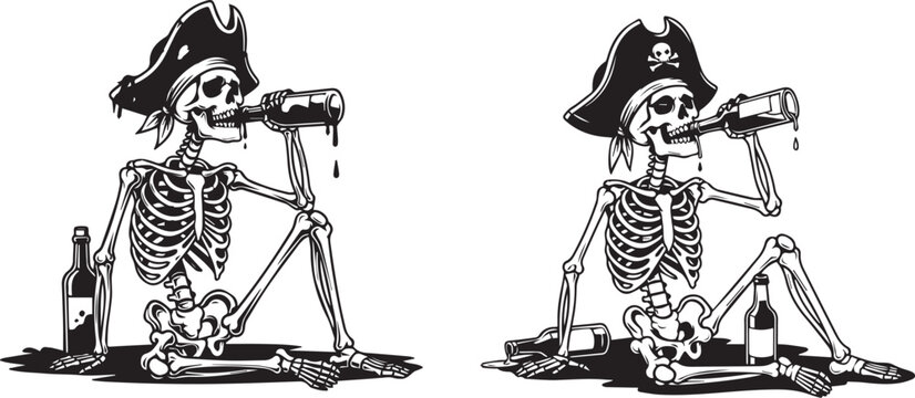 Minimalist black and white skeleton pirate icons &ndash; humorous undead figures drinking with bottles and swords in bold tattoo style.