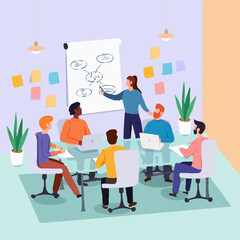 Team brainstorming and presentation in a modern office meeting room