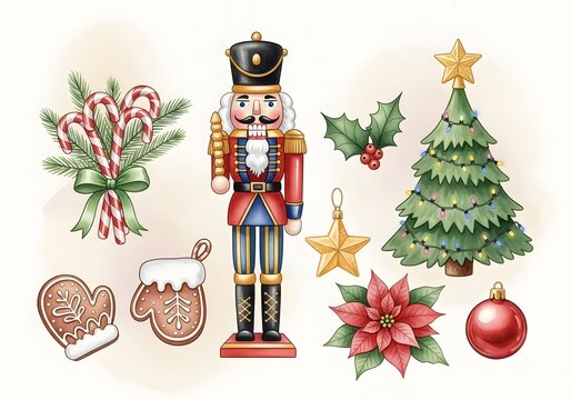 A charming watercolor collection of festive christmas decorations including a nutcracker tree and candy canes