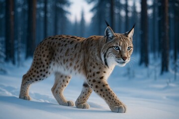 Naklejka premium Majestic lynx walking through snowy forest with intense gaze under soft winter light in a creative wildlife scene background concept. Ai generative