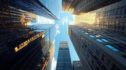Low-angle view of skyscrapers reaching for a partly cloudy sky (1)