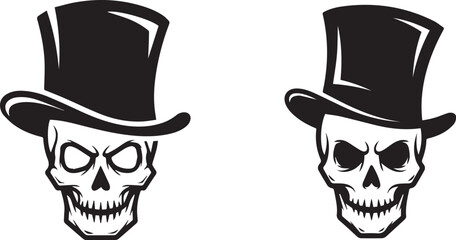 Minimalist black and white skull icons with top hats – stylish gothic silhouettes for edgy design and tattoo themes.