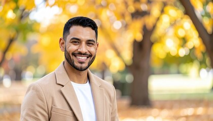 Obraz premium Portrait of a smiling man against a backdrop of colorful autumn leaves