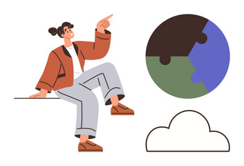 Woman sitting and pointing up, globe with puzzle design, minimal cloud outline. Ideal for teamwork, sustainability, communication, creativity, brainstorming, global issues simple flat metaphor