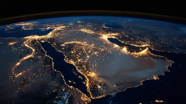 Aerial view of Earth showcasing illuminated cities in Middle East at night, against cosmic background