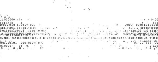 A digital abstract background featuring lines of binary code with scattered dots and smudges.