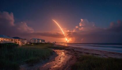 Coastal sunset with rocket launch trail