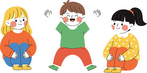 Happy Cartoon Children Sitting and Standing Together in Playful Pose, Colorful Kids Vector Illustration for Education, Friendship and Childhood Themes