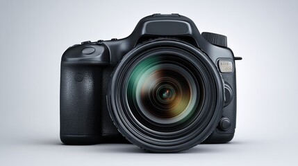 A sleek, black DSLR camera with a large, professional lens is presented against a neutral gray backdrop, showcasing its detailed design and functionality