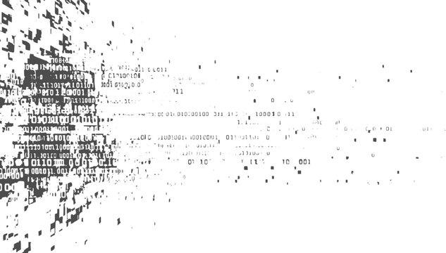 Abstract digital pattern of binary code data flowing and dispersing across a white background.