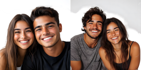 Young Latino couple in studio relaxed and happy laughing, neck stretched showing teeth. isolated on a transparent background
